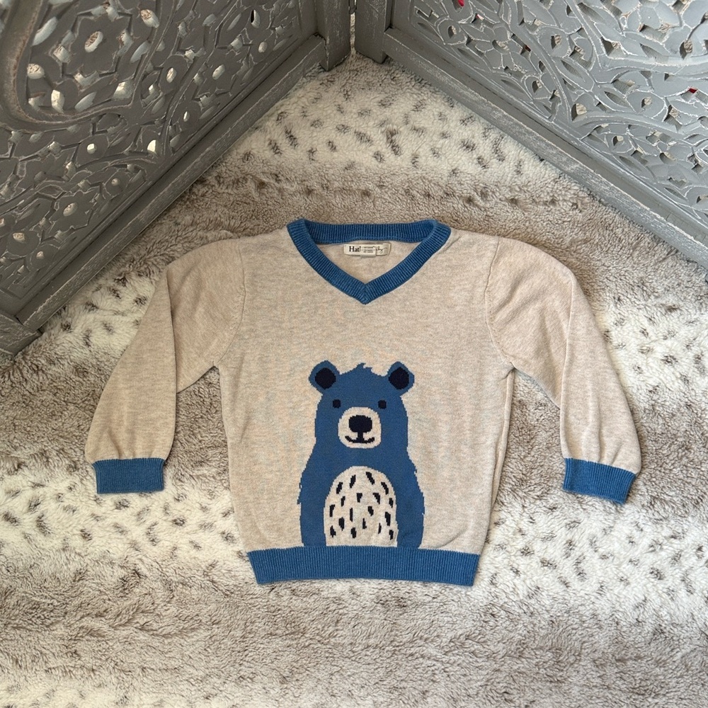 Hatley Baby cream knit v-neck sweater boys 3T bear preppy academia holiday party